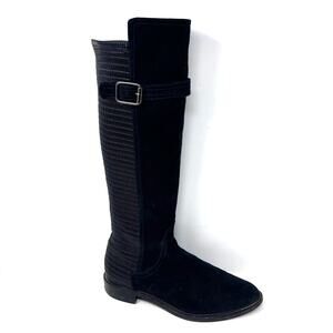 Aquatalia Tall Boot Womens's 7.5 Gael Smocked Back Black Suede Knee High Riding